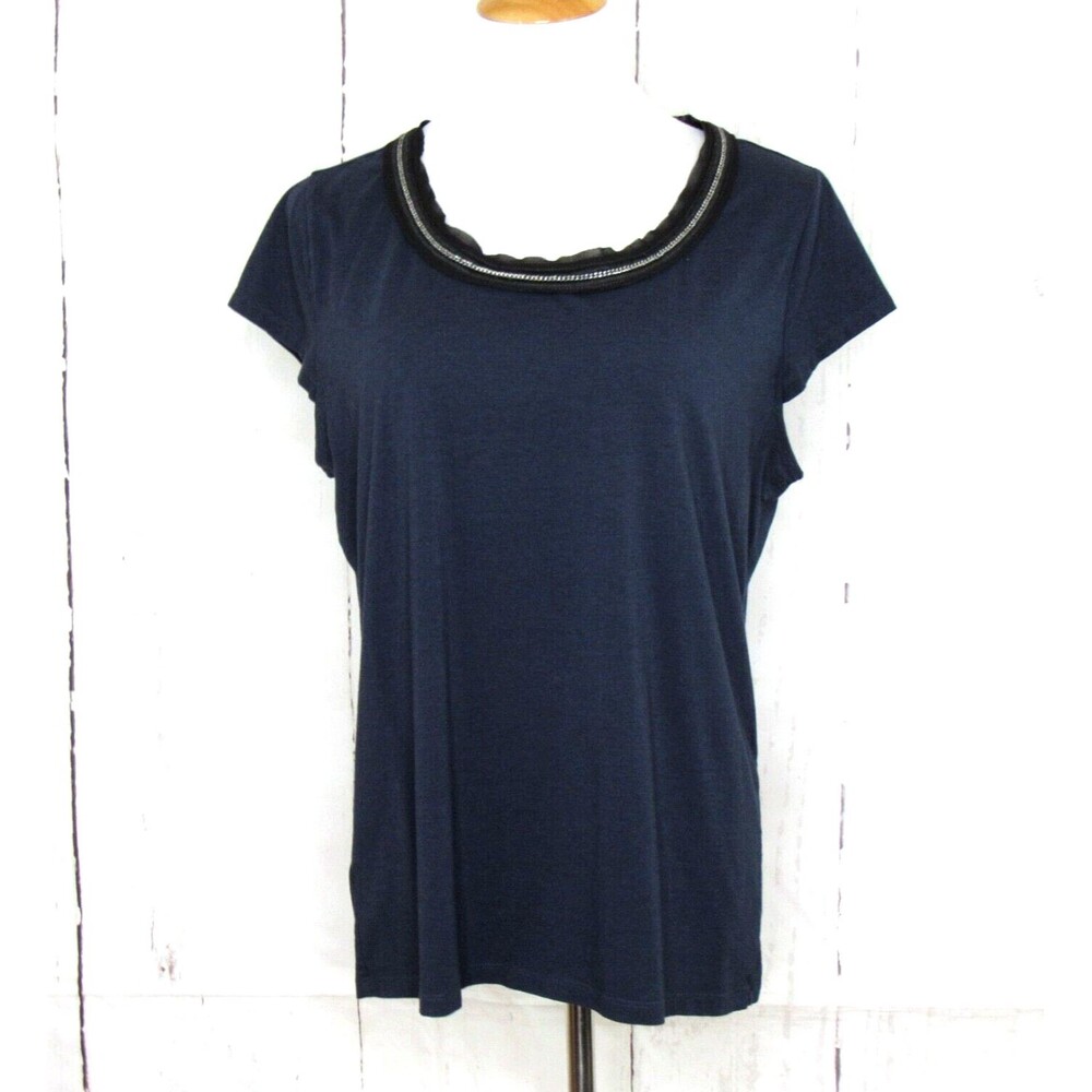 Ann Taylor Size XL Short Sleeve Top Navy Round Neck Silver Chain Accent Stretch
